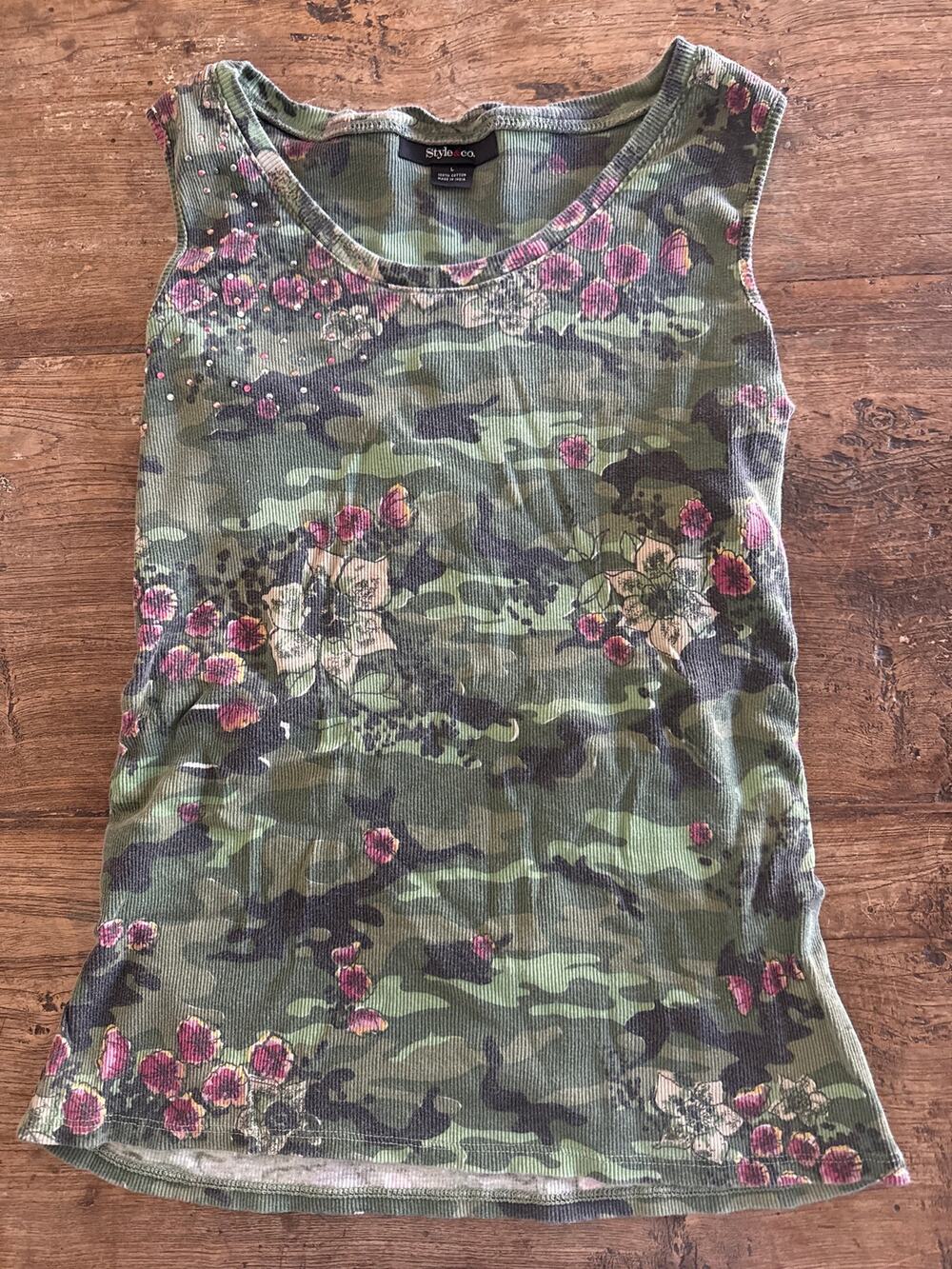 Fairy grunge Y2K camo with floral sparkle pink and green embellishment tank top